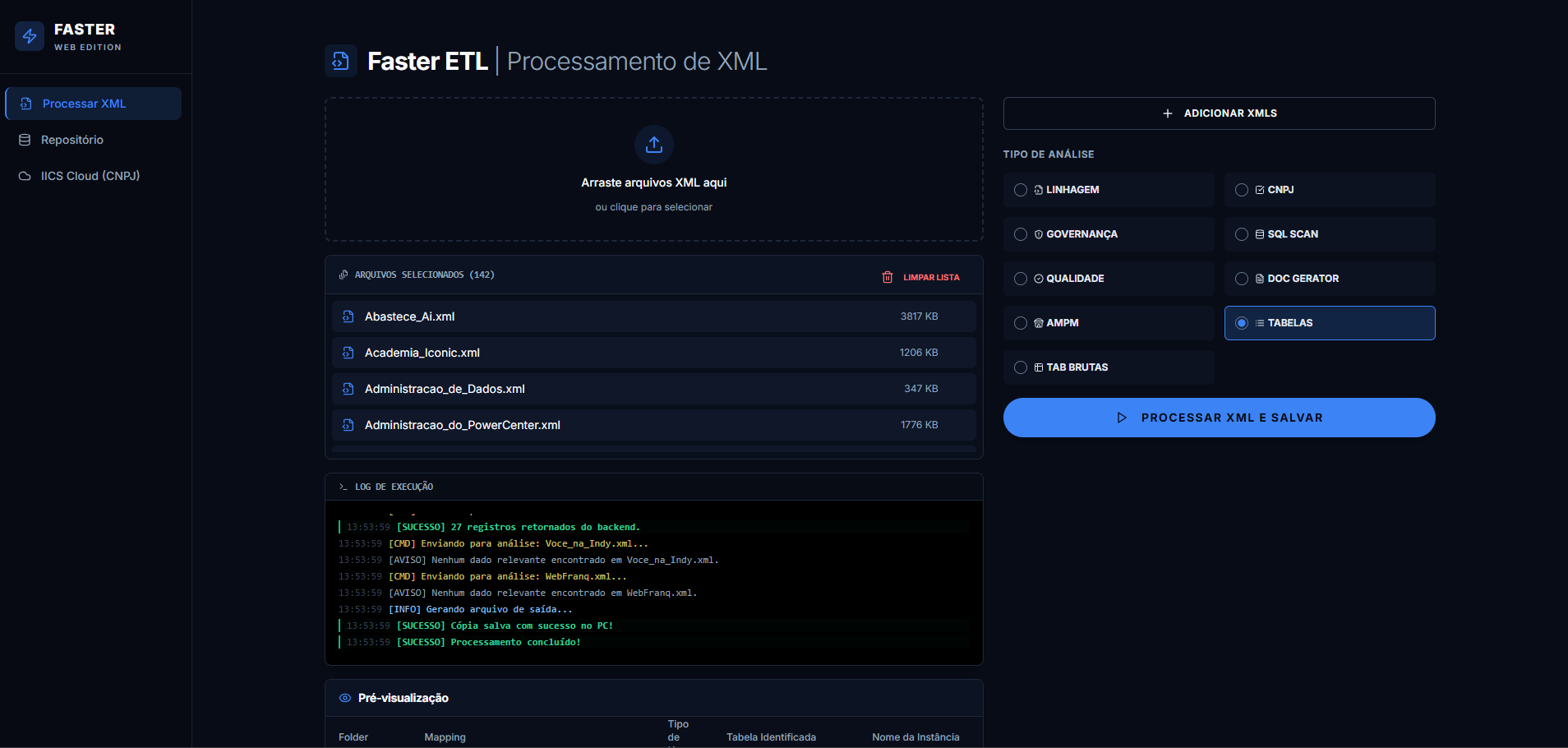 Interface principal do Faster - Log de Execução