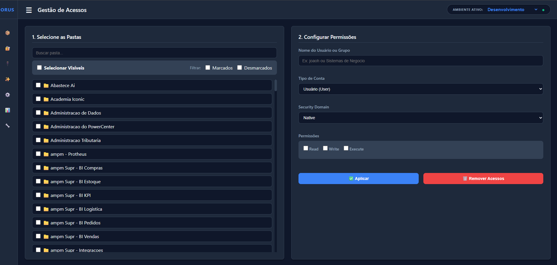 Interface principal da Plataforma Orus - Gestão de Acessos