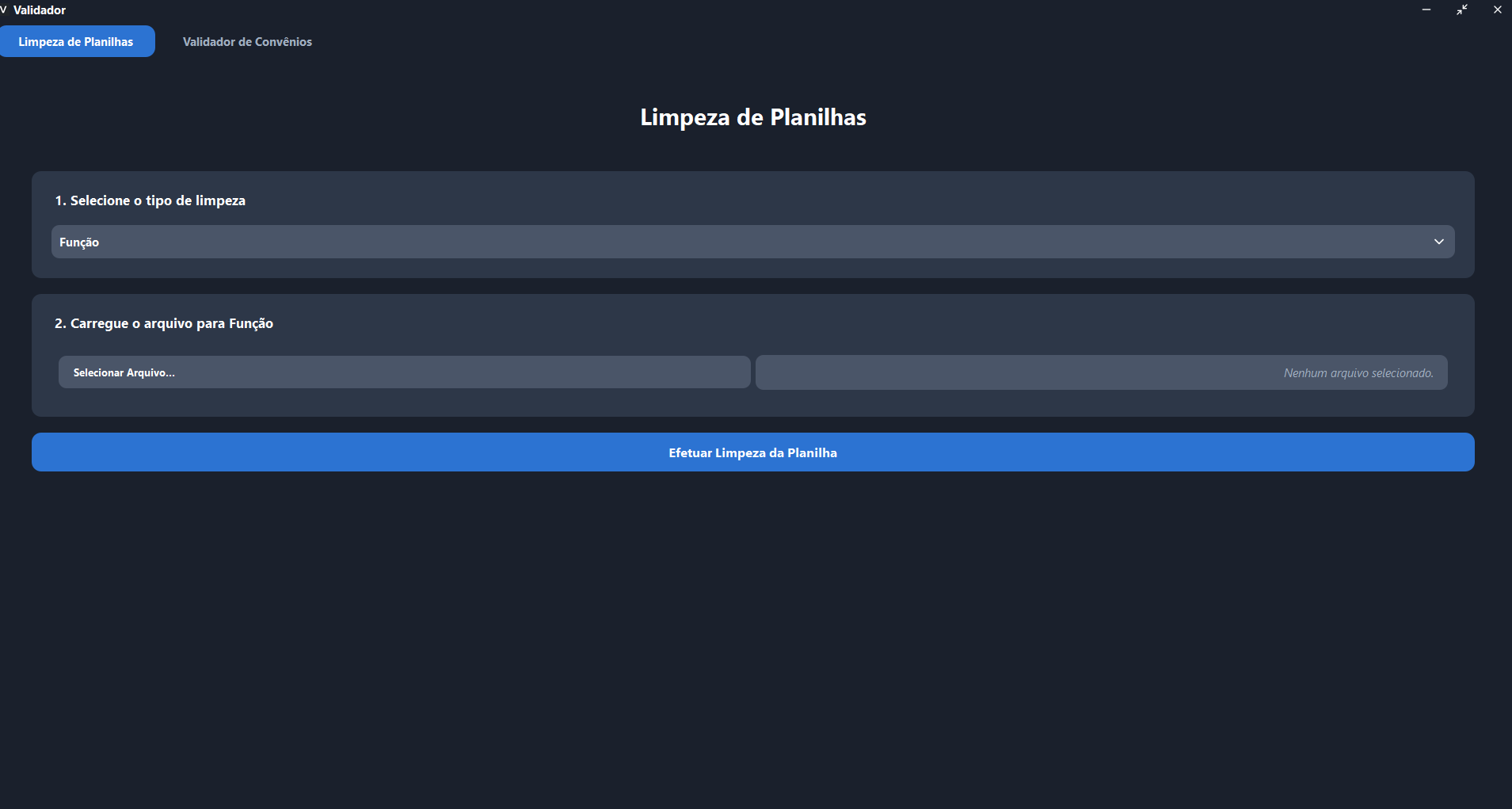 Interface da Aplicação - Aba Limpeza de Planilhas