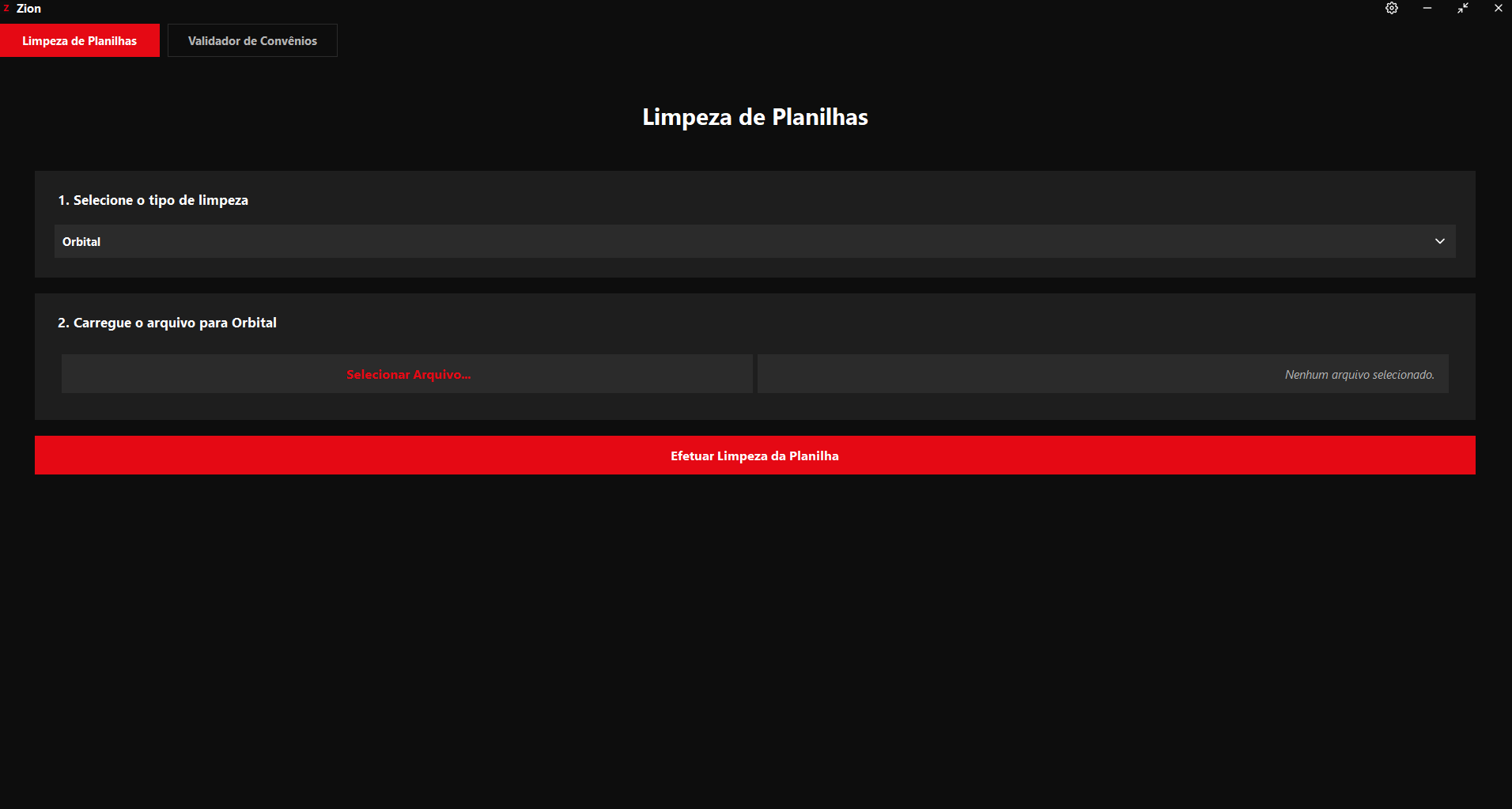 Aba Limpeza com tipo selecionado
